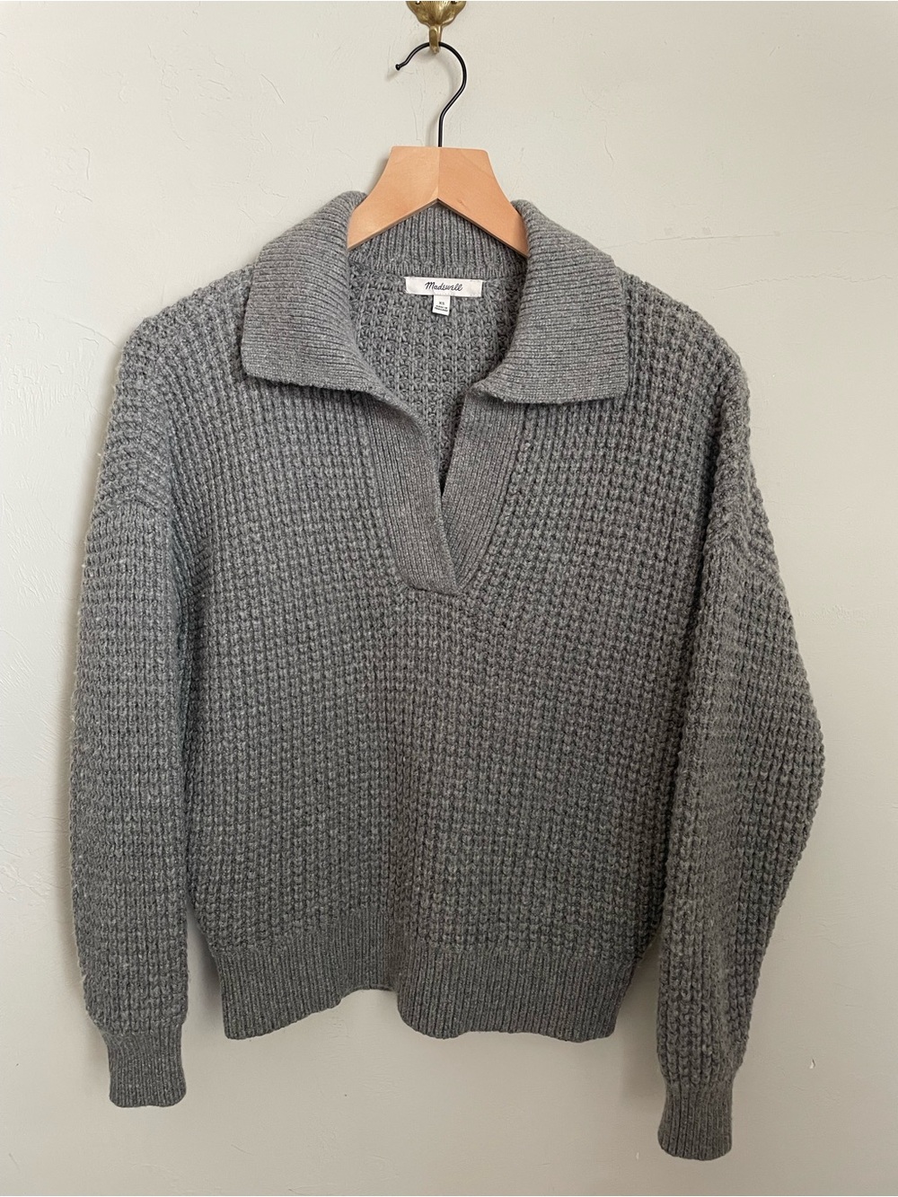 Madewell Chunky Gray waffle knit polo-style collar sweater